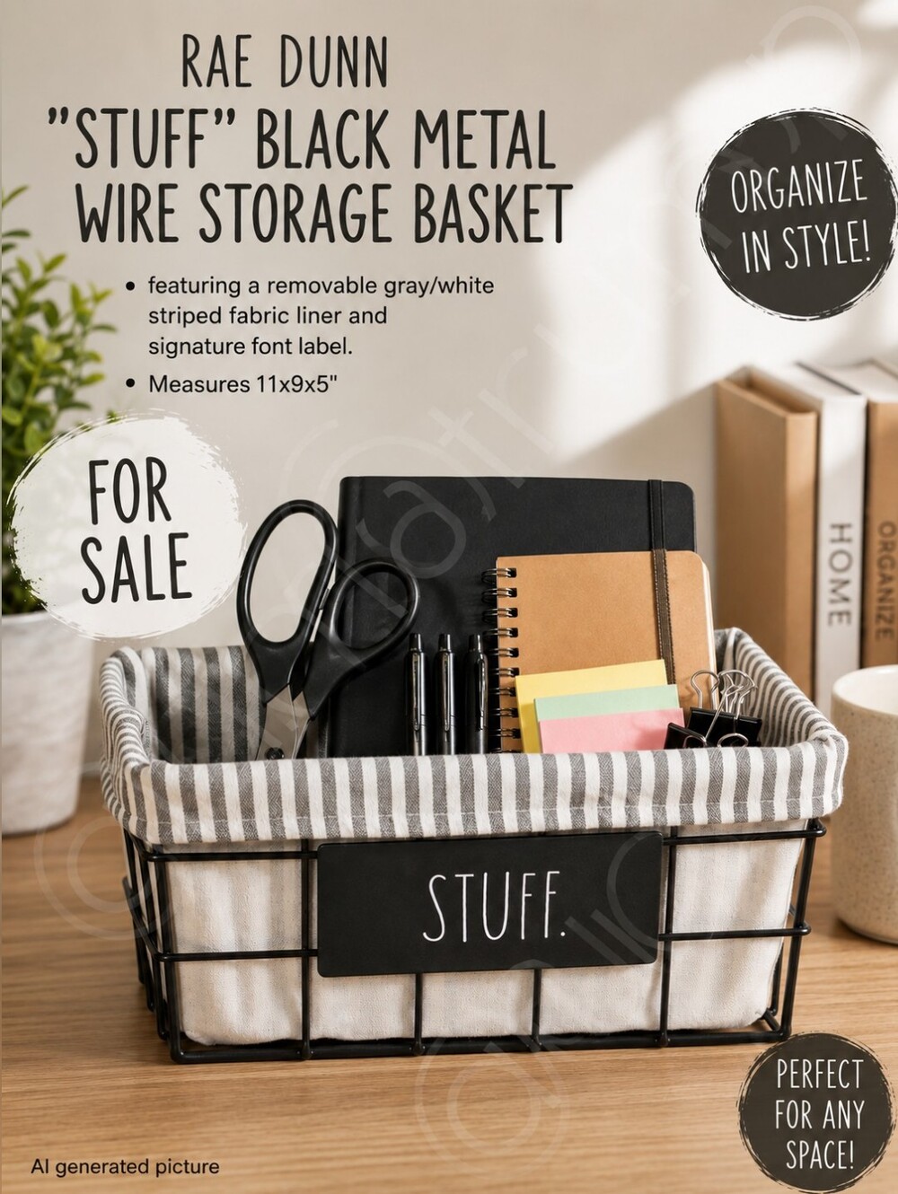 Rae Dunn "Stuff" Black Metal Wire Storage Basket 11x9x5"